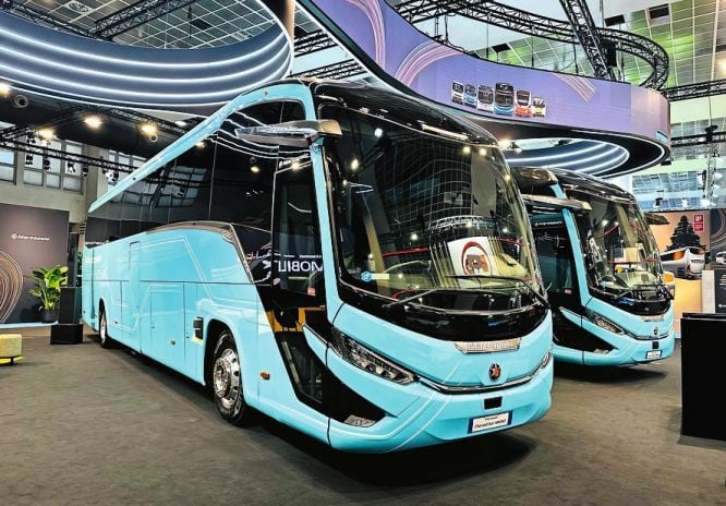 Die beiden schwungvoll gestalteten Marco-Polo-Coaches basieren auf den Chassis von Scania und Volvo.